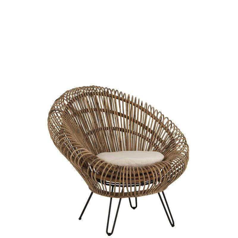 Lounge stoel Vivi J-Line Chair Lounge Vivi With Cushion Rattan/Iron Natural Width 82 Height 96 Length 104 Weight 11.68 kg Collection Zomer 2020 Colour Natural Material composition Iron(15%),rattan(80%),polyester(5%) Seat depth 55 Seat height 47 Washing in