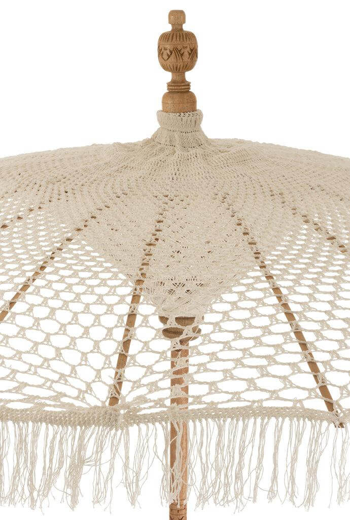 Parasol van Macramé J-Line Parasol van Macramé Width 210 Height 249 Length 210 Weight 4.48 kg Collection Zomer 2022 Colour White Material composition Wood(40%),bamboo(30%),cotton(30%) Mounting required Yes