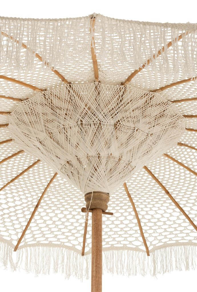 Parasol van Macramé J-Line Parasol van Macramé Width 210 Height 249 Length 210 Weight 4.48 kg Collection Zomer 2022 Colour White Material composition Wood(40%),bamboo(30%),cotton(30%) Mounting required Yes