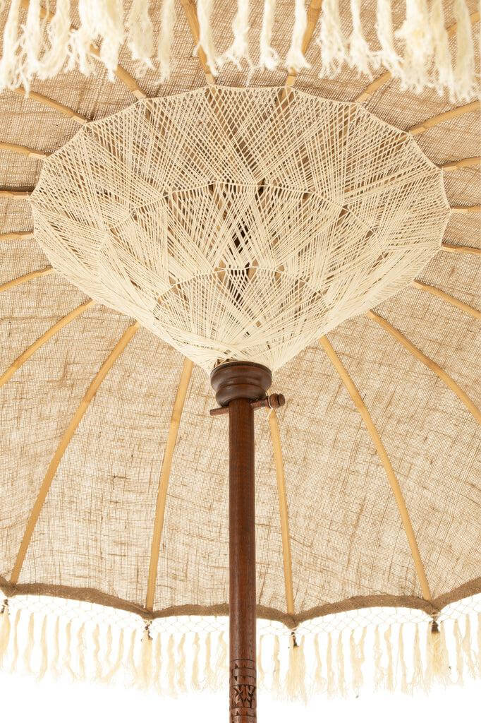 Parasol met Kwasten Jute Large J-Line Parasol Tassels Jute/Wood Beige/White Large Width 165 Height 267 Length 165 Weight 5.99 kg Collection Zomer 2023 Colour Beige Material composition Wood(45%),fabric(30%),bamboo(25%) Mounting required Yes