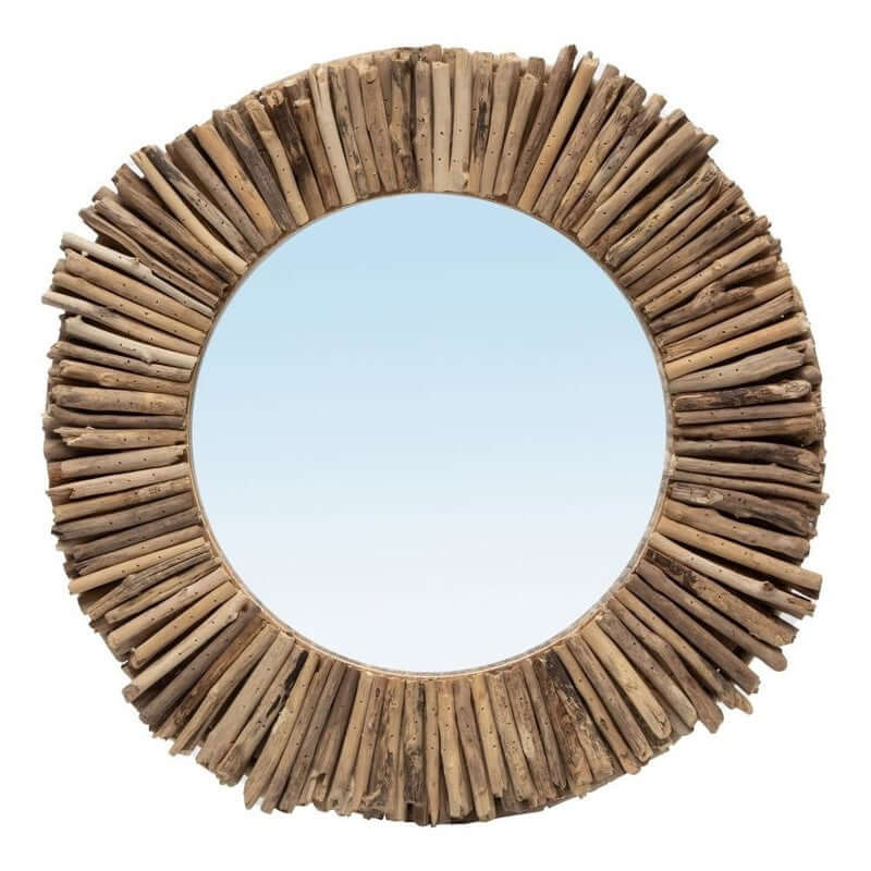 Ronde spiegel met uniek drijfhouten frame, De Driftwood Halo, natuurlijke kleur. Voeg extra charme toe aan je muur. Diameter glas: 36 cm.