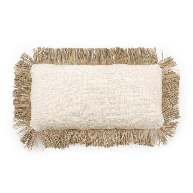 De Saint Tropez kussenhoes in naturel wit met raffia franjes, 30x50 cm, boho stijl voor interieur en tuin.