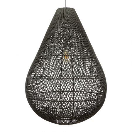 Druppelvormige zwarte rotan hanglamp, handgemaakt en stijlvol, ideale sfeermaker voor elk interieur.