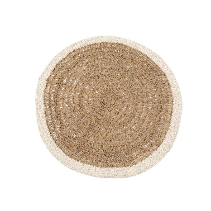 Rond tapijt van zeegras en katoen met witte rand, ideaal voor huisdecor. Kleur naturel en wit, diameter 100 cm.