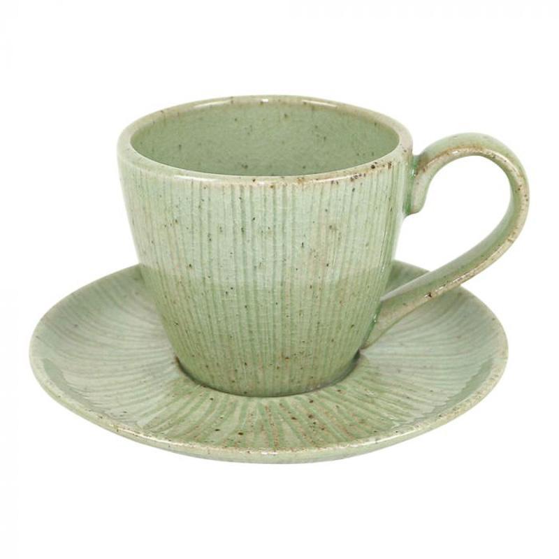 Groene stoneware kop en schotel Gina met geglazuurde afwerking. Perfect voor ontbijt koffie, sterke en warme uitstraling.