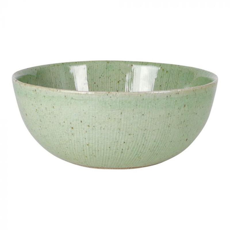 Groene saladeschaal van stoneware Gina, ideaal voor het serveren van heerlijke salades. Stevige porselein en warme aardewerk uitstraling.